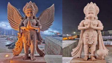 राम मंदिर के एक तरफ गरुड़ तो दूसरी तरफ हनुमानजी विराजे राम मंदिर के एक तरफ गरुड़ तो दूसरी तरफ हनुमानजी विराजे