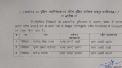 तीन थानेदारों का तबादला, रायपुर SSP ने ज़ारी किया आदेश तीन थानेदारों का तबादला, रायपुर SSP ने ज़ारी किया आदेश
