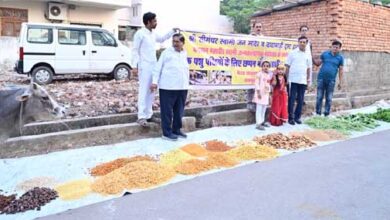 महावीर जन्मकल्याणक पर गौमाता के लिए छप्पन भोग महावीर महाप्रसादी भैरव सोसायटी में, दिनभर गायों के झुंड ने भोग लगाया