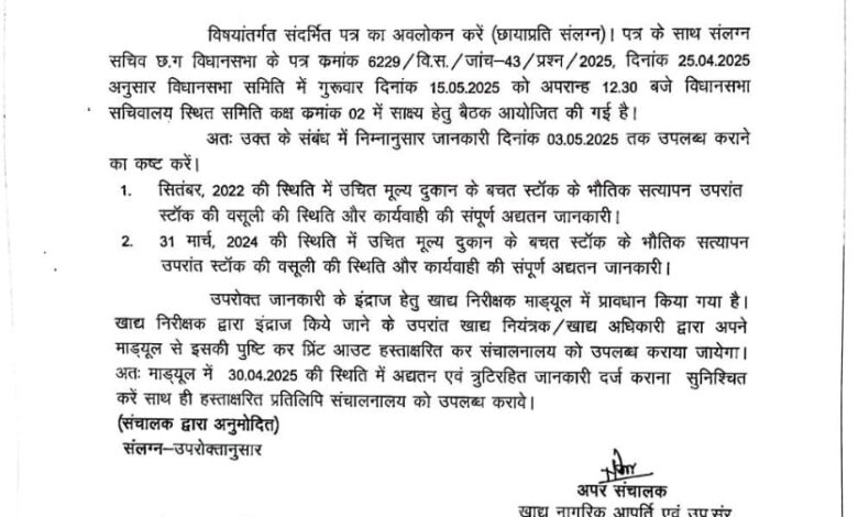 राशन घोटाला जांच समिति ने मांगा राशन दुकानों में बचत और बाजार से खरीदे गए चांवल मात्रा की जानकारी राशन घोटाला जांच समिति ने मांगा राशन दुकानों में बचत और बाजार से खरीदे गए चांवल मात्रा की जानकारी