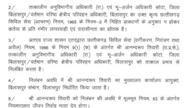 भू-अर्जन अधिकारी तत्काल प्रभाव से निलंबित, आदेश जारी भू-अर्जन अधिकारी तत्काल प्रभाव से निलंबित, आदेश जारी