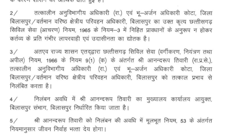 भू-अर्जन अधिकारी तत्काल प्रभाव से निलंबित, आदेश जारी भू-अर्जन अधिकारी तत्काल प्रभाव से निलंबित, आदेश जारी