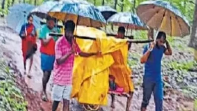 मौसमी बुखार: बारिश में खाट पर लिटाकर तिरपाल और छाते से ढक कर किया सात किलोमीटर पैदल सफर