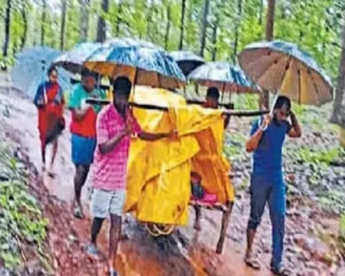 मौसमी बुखार: बारिश में खाट पर लिटाकर तिरपाल और छाते से ढक कर किया सात किलोमीटर पैदल सफर मौसमी बुखार: बारिश में खाट पर लिटाकर तिरपाल और छाते से ढक कर किया सात किलोमीटर पैदल सफर