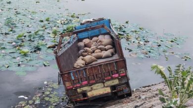 तेज रफ़्तार ट्रक तालाब में घुसा