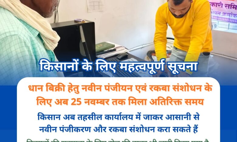 किसान अब 25 नवंबर तक तहसील कार्यालय से करवा सकेंगे धान बिक्री के लिए नवीन पंजीयन और रकबा संशोधन