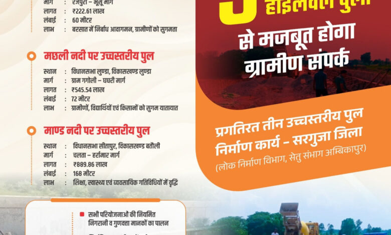 सेतु संभाग अम्बिकापुर द्वारा तीन उच्चस्तरीय पुलों का निर्माण कार्य जारी सेतु संभाग अम्बिकापुर द्वारा तीन उच्चस्तरीय पुलों का निर्माण कार्य जारी