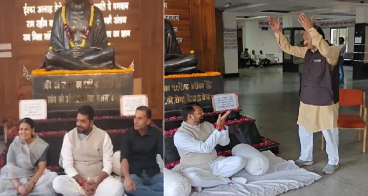 गांधी प्रतिमा के सामने आकाश बैठे उपवास पर, सभापति भी पहुंचे गांधी प्रतिमा के सामने आकाश बैठे उपवास पर, सभापति भी पहुंचे