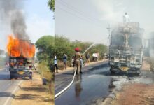 आरंग ट्रक में भीषण आग कई चावल की बोरियां जलीं