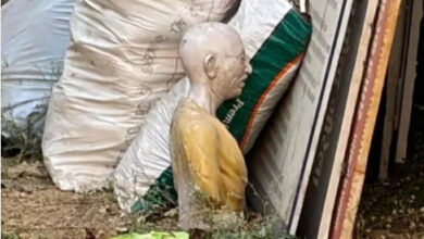 राष्ट्रपिता महात्मा गांधी की प्रतिमा कचरे और मलबे के ढेर के पास मिली पड़ी