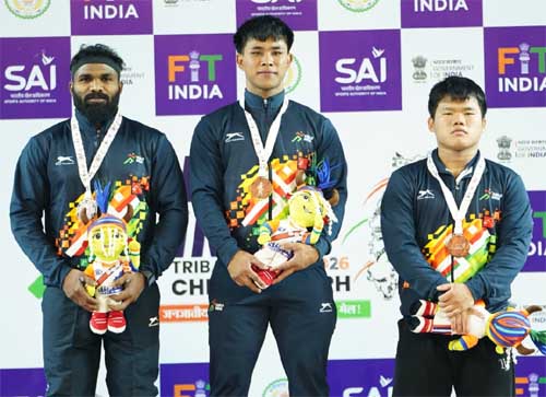 खेलो इंडिया ट्राइबल गेम्स-2026 : वेटलिफ्टिंग में 71 किग्रा वर्ग में सिल्वन बेह्रोथाटलो का स्वर्णिम प्रदर्शन खेलो इंडिया ट्राइबल गेम्स-2026 : वेटलिफ्टिंग में 71 किग्रा वर्ग में सिल्वन बेह्रोथाटलो का स्वर्णिम प्रदर्शन