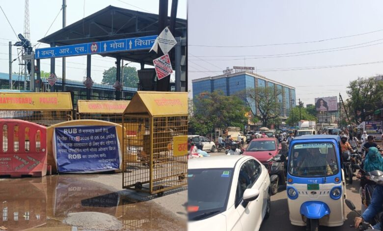मोवा अंडरब्रिज बंद सूचना की कमी से बढ़ी परेशानी, ओवरब्रिज पर भारी जाम