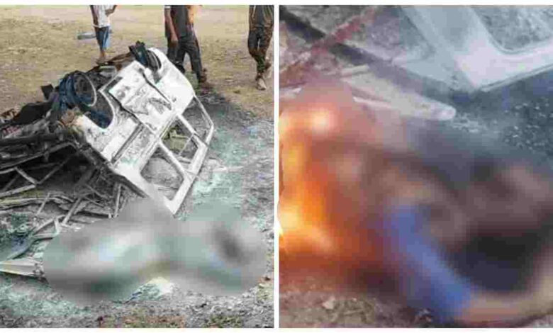 बालाघाट सड़क हादसा पलटी एम्बुलेंस में लगी भीषण आग, चालक की दर्दनाक मौत