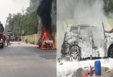 कोरबा में चलती कार में भीषण आग, तीन लोगों ने कूदकर बचाई जान