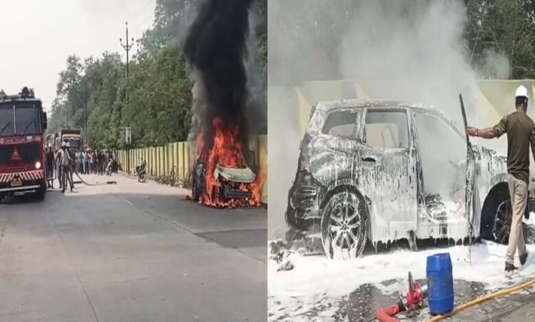 कोरबा में चलती कार में भीषण आग, तीन लोगों ने कूदकर बचाई जान