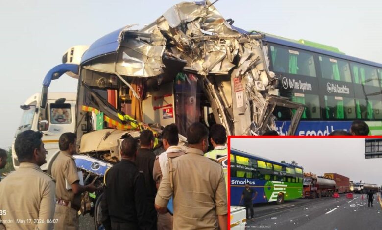 आगरा-लखनऊ एक्सप्रेसवे में डबल डेकर बस-कंटेनर में भिड़ंत, 22 घायल