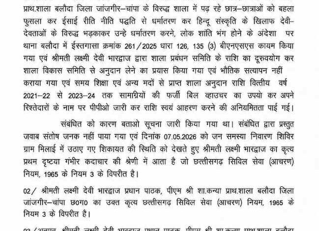 महिला प्रधान पाठक पर धार्मिक शिक्षा देने का आरोप, निलंबित