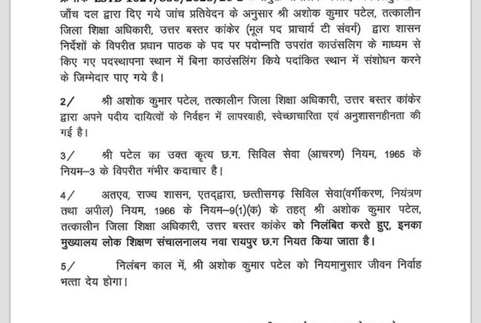 कांकेर के जिला शिक्षा अधिकारी पटेल निलंबित
