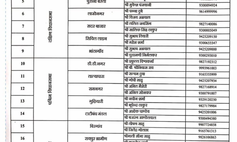 भाजपा रायपुर जिला अध्यक्ष ठाकुर ने घोषित किए मंडल प्रभारियों व जिला पदाधिकारी की घोषणा