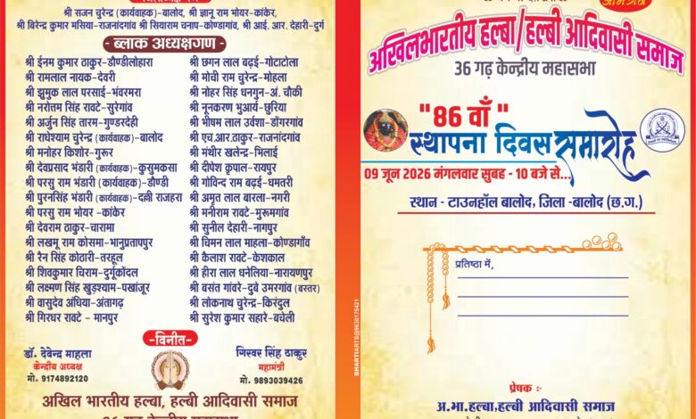 9 जून को मनाया जाएगा हल्बा समाज का 86वाँ स्थापना दिवस : डॉ. देवेंद्र माहला 9 जून को मनाया जाएगा हल्बा समाज का 86वाँ स्थापना दिवस : डॉ. देवेंद्र माहला