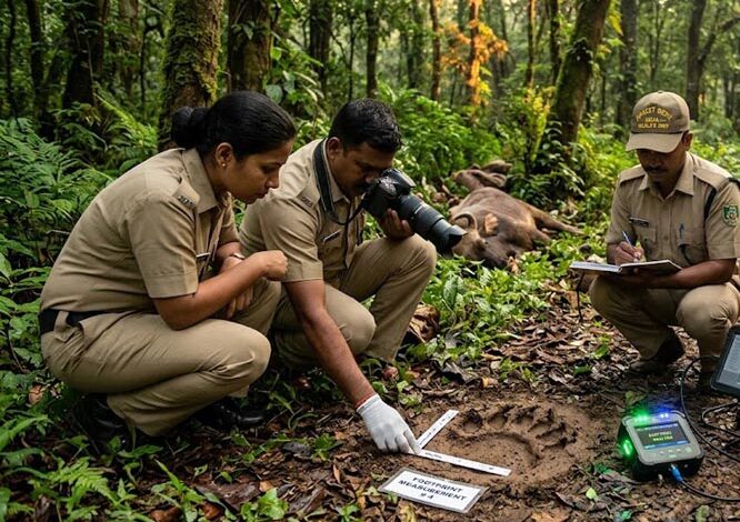 हिंसक वन्य प्राणी ने गाय का किया शिकार, बाघ या तेंदुआ जांच कर रही वन विभाग