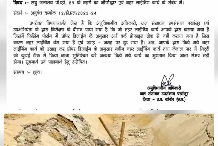 नहर लाइनिंग निर्माण में गंभीर लापरवाही, विभाग ने ठेकेदार को जारी किया नोटिस नहर लाइनिंग निर्माण में गंभीर लापरवाही, विभाग ने ठेकेदार को जारी किया नोटिस